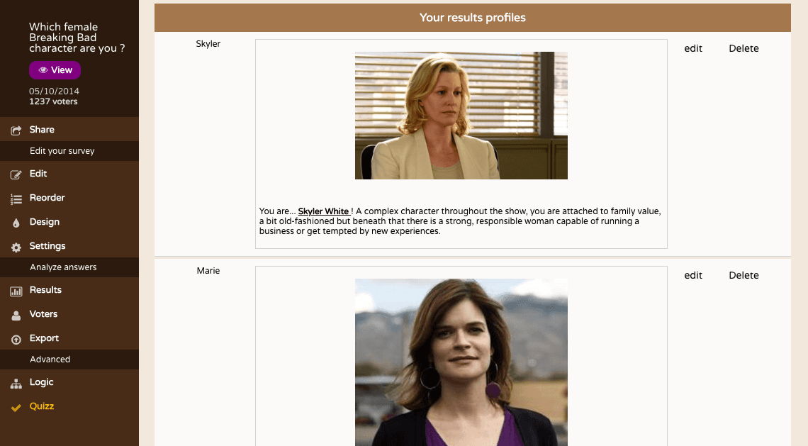 SurveyNuts admin dashboard showing quiz result profiles configuration