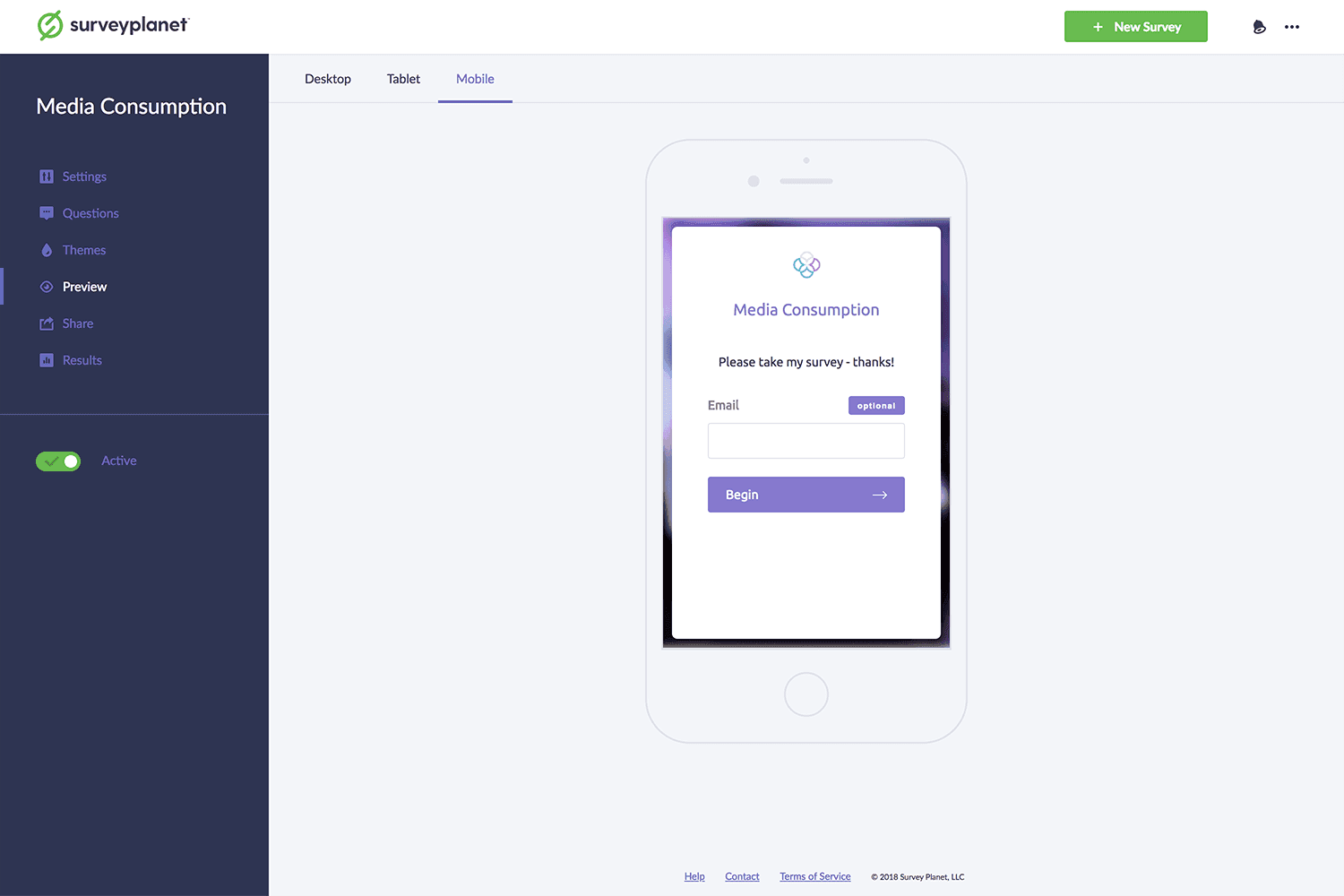 SurveyPlanet survey preview showing respondent view on desktop