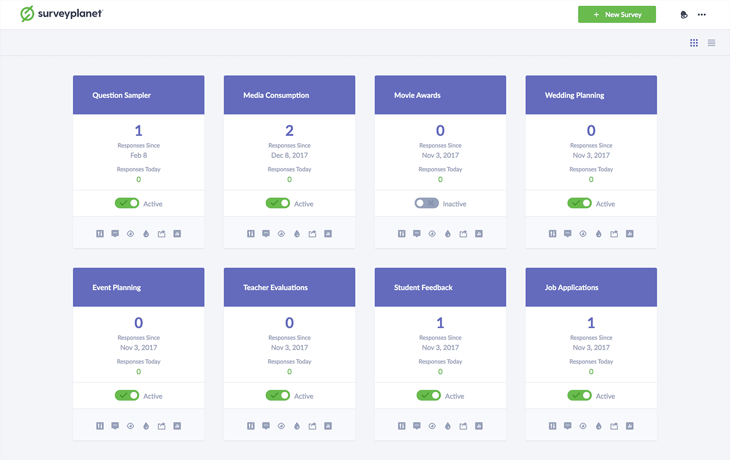 SurveyPlanet survey list dashboard showing surveys and workspace
