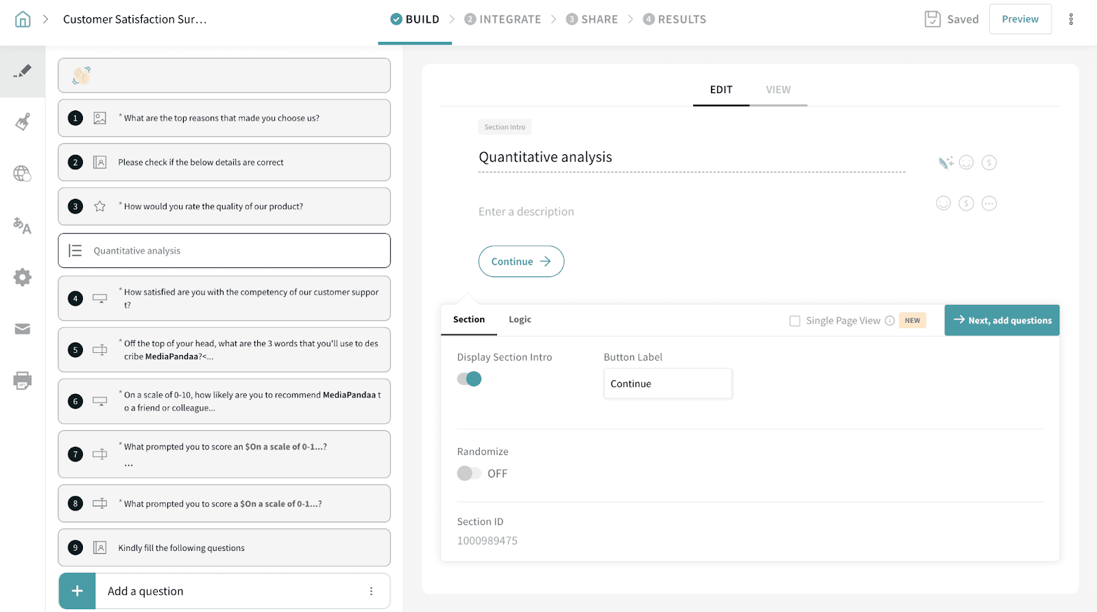SurveySparrow survey builder with sections and multiple-choice questions
