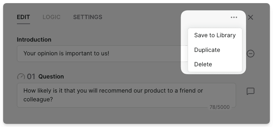 Survicate survey builder with question editor and design settings