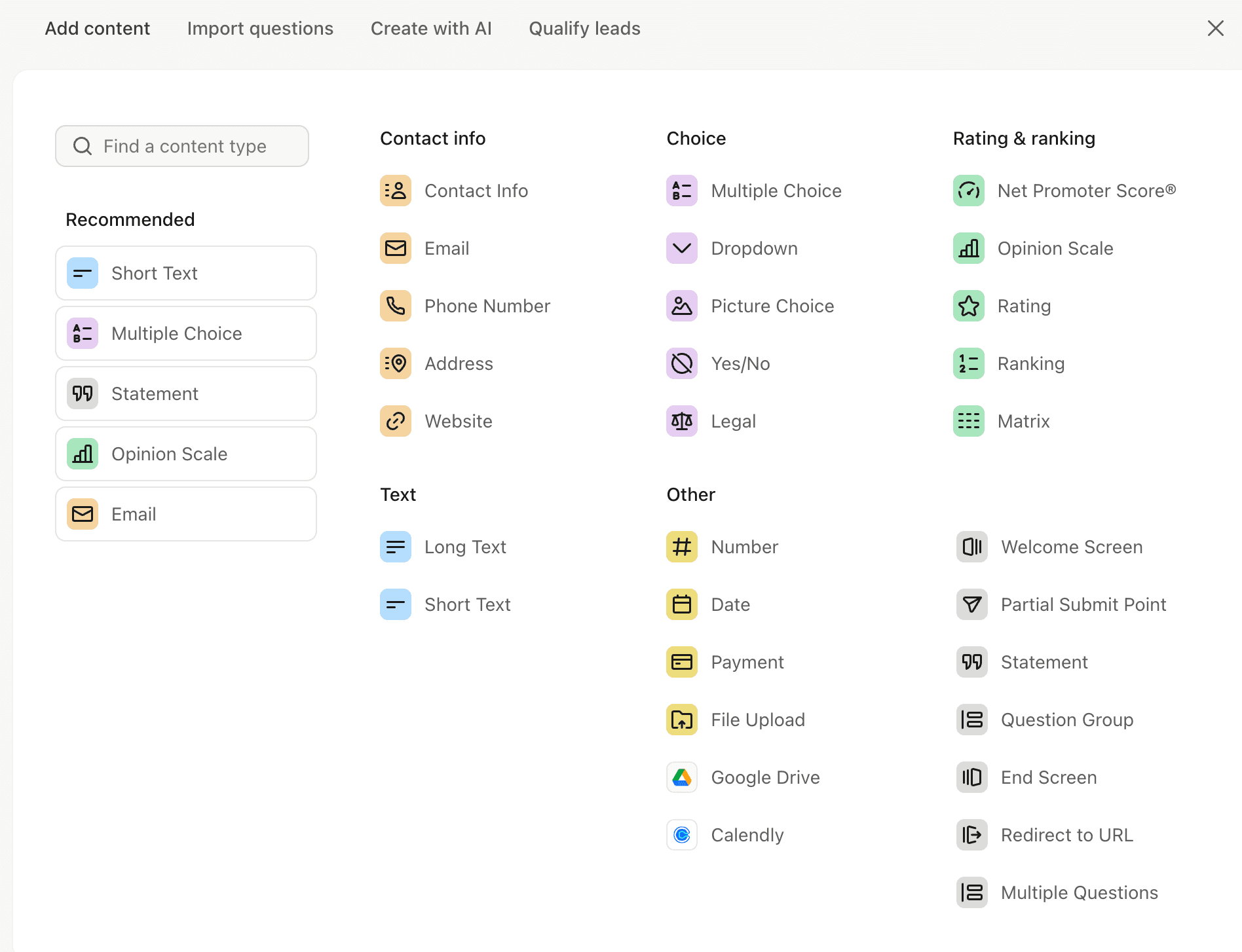 Typeform Content panel builder with question type selection menu open