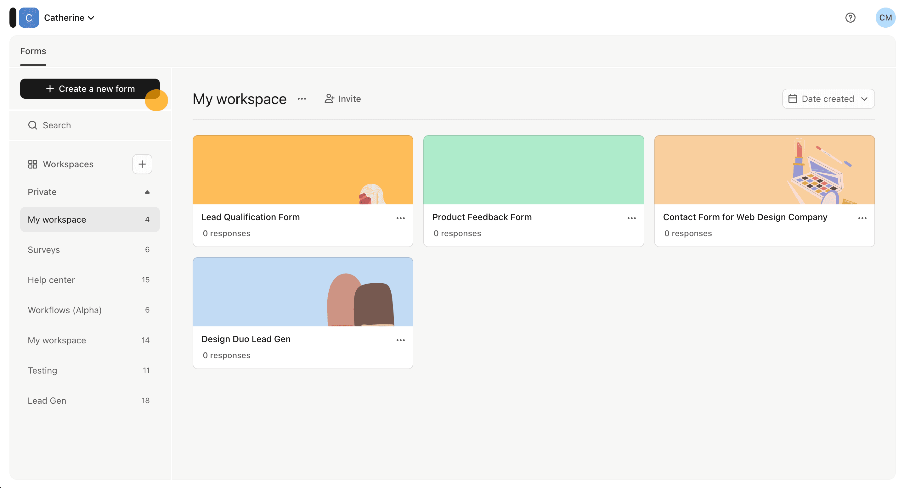 Typeform workspace dashboard showing forms list and Create a new form button