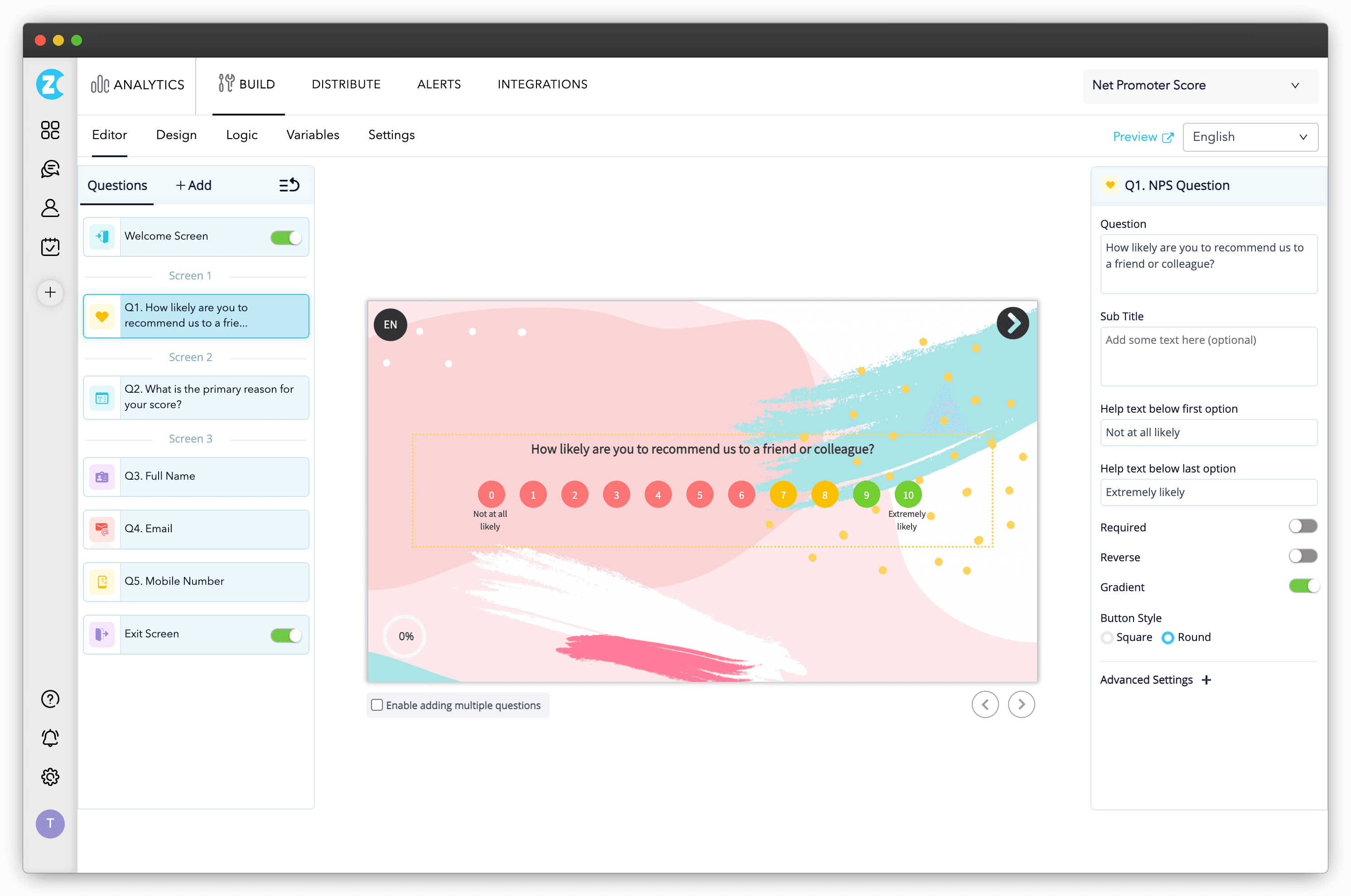 Zonka Feedback survey builder interface with editor, design, logic, and settings tabs